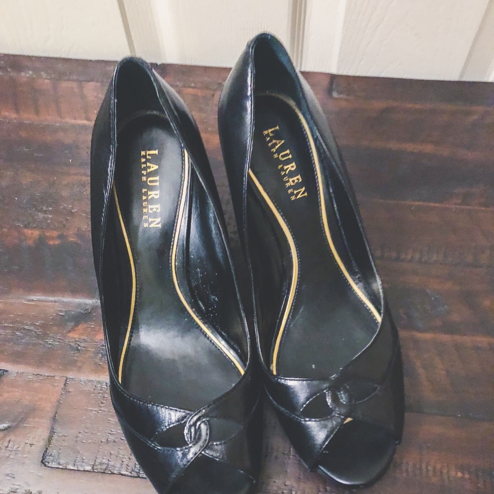 Black Ralph Lauren Leather Peep-Toe Wedges
